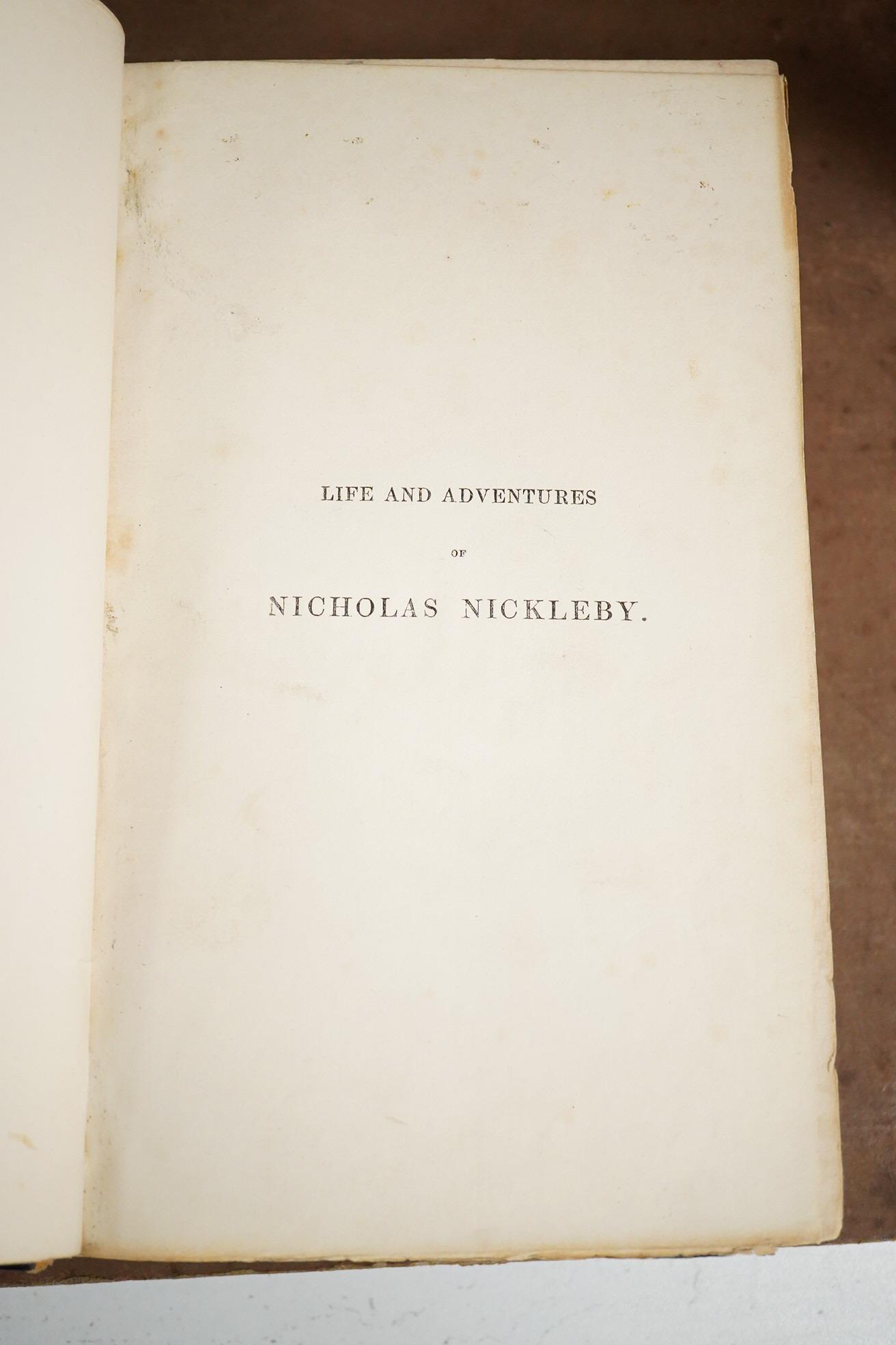 Dickens, Charles - The Life and Adventures of Nicholas Nickleby. 1st Edition. portrait frontis. and 39 other plates (by Phiz), half title; old gilt ruled and blind decorated half calf and marbled boards. Chapman and Hall